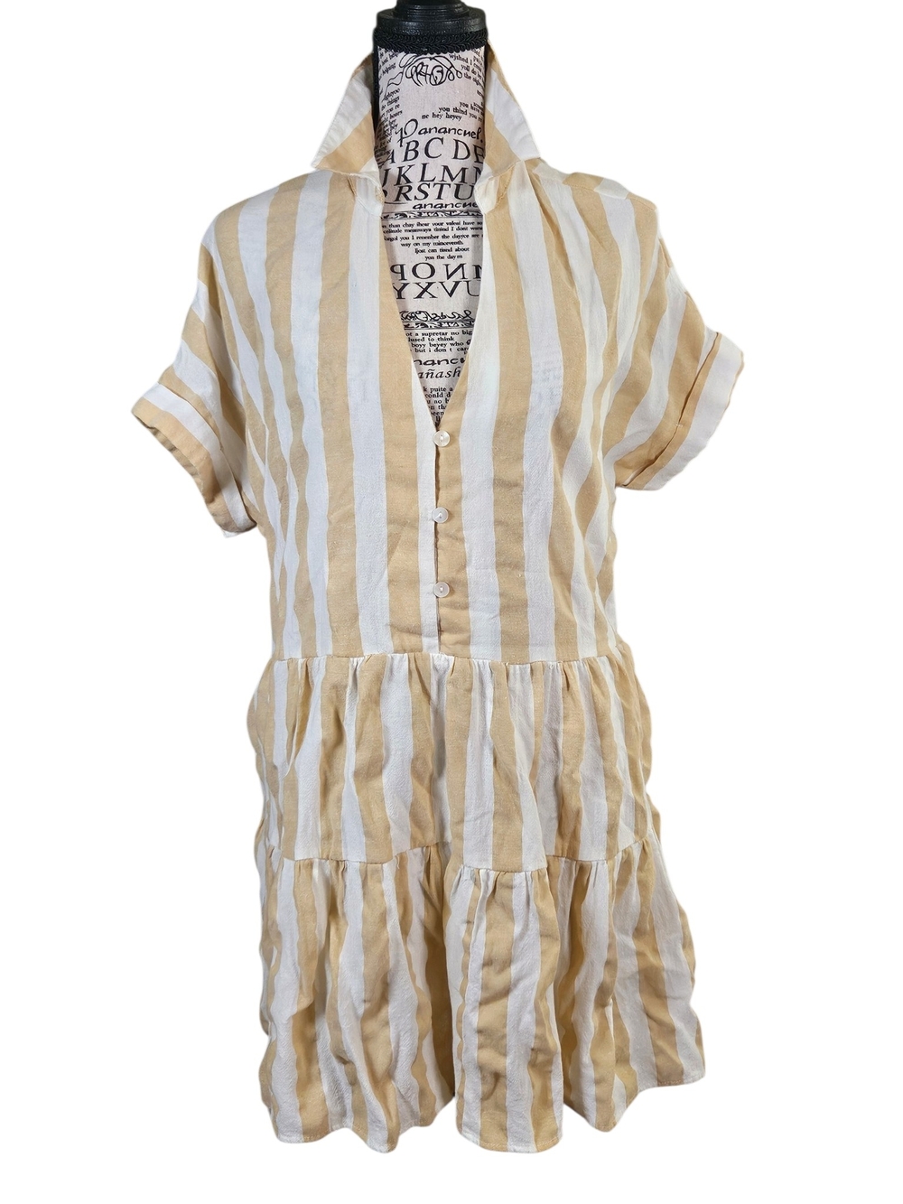 Mustard Seed Tan and White Striped Short Sleeve Tiered Mini Dress